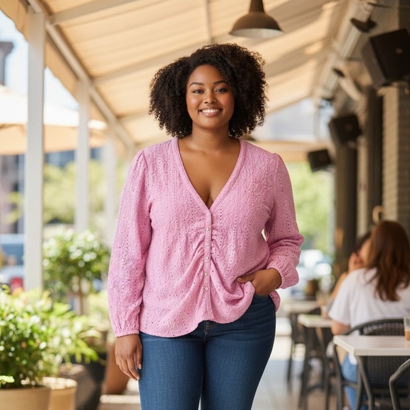 Maeve Tops - Maeve Pink Eyelet Button-Front Blouse